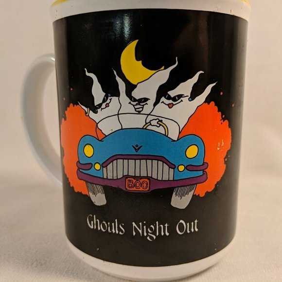 Vintage 1988 Ghouls Night Out Mug Ceramic Halloween Ghosts Black Yellow Carousel - Picture 3 of 11